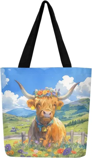 Highland Cattle Canvas Tote Bag,Western Farmhouse Travel Beach Bag,Large Capacity Grocery Bag for Shopping