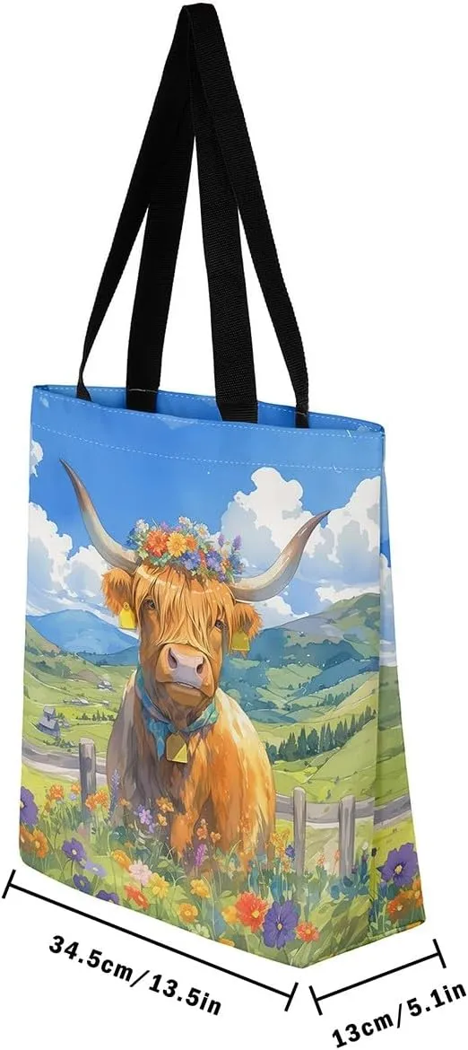Highland Cattle Canvas Tote Bag,Western Farmhouse Travel Beach Bag,Large Capacity Grocery Bag for Shopping