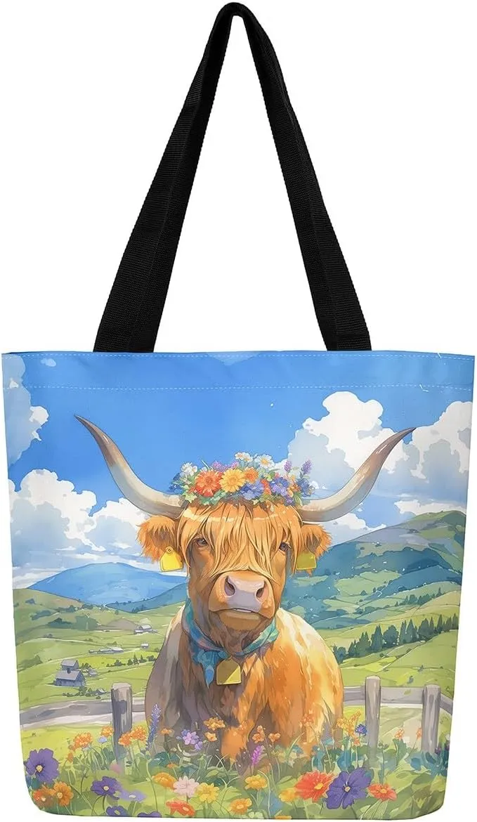 Highland Cattle Canvas Tote Bag,Western Farmhouse Travel Beach Bag,Large Capacity Grocery Bag for Shopping