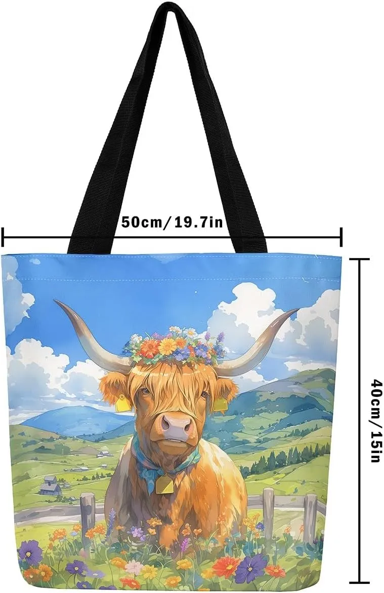 Highland Cattle Canvas Tote Bag,Western Farmhouse Travel Beach Bag,Large Capacity Grocery Bag for Shopping