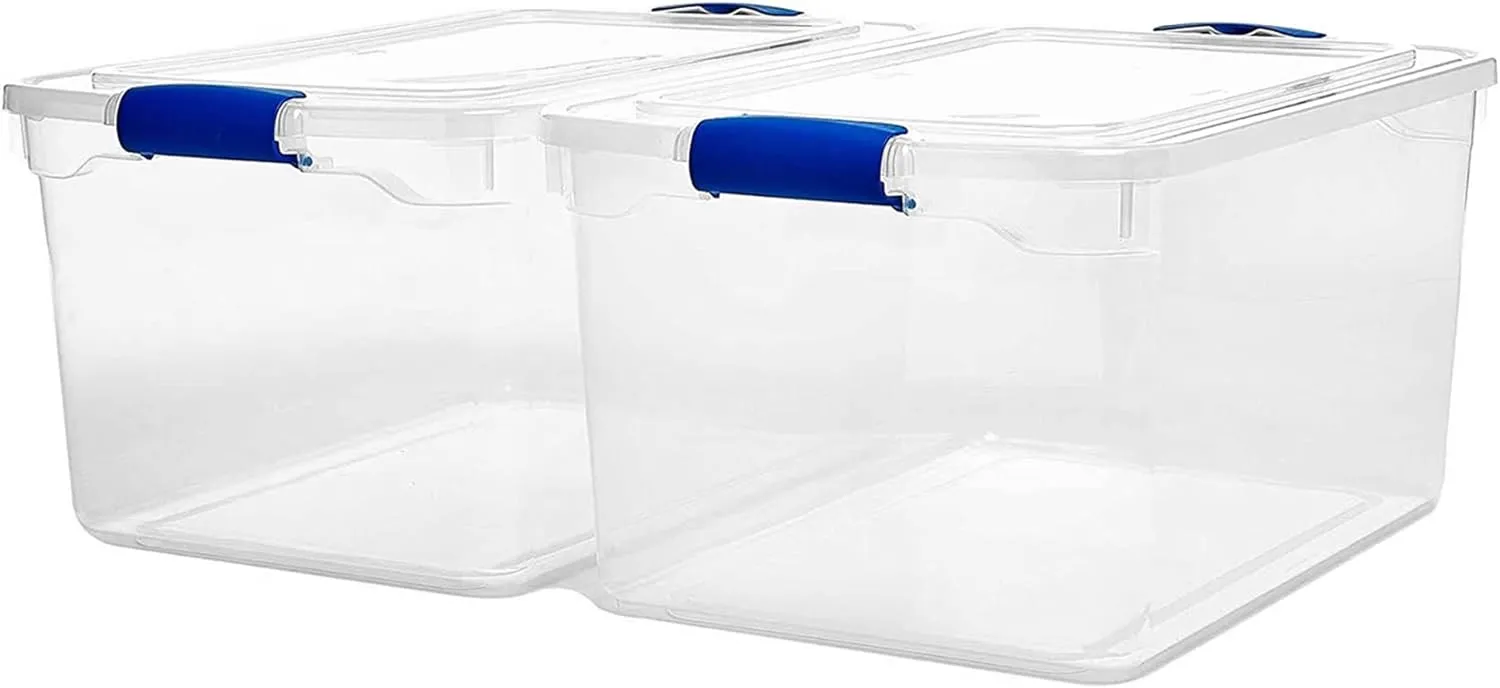 HOMZ 2-Pack Latching Lid, Large Clear Plastic Storage Bins with Lids, 66 Quart, Blue Latch - Stackable Container Boxes for Home, Bathroom, and Office Organization