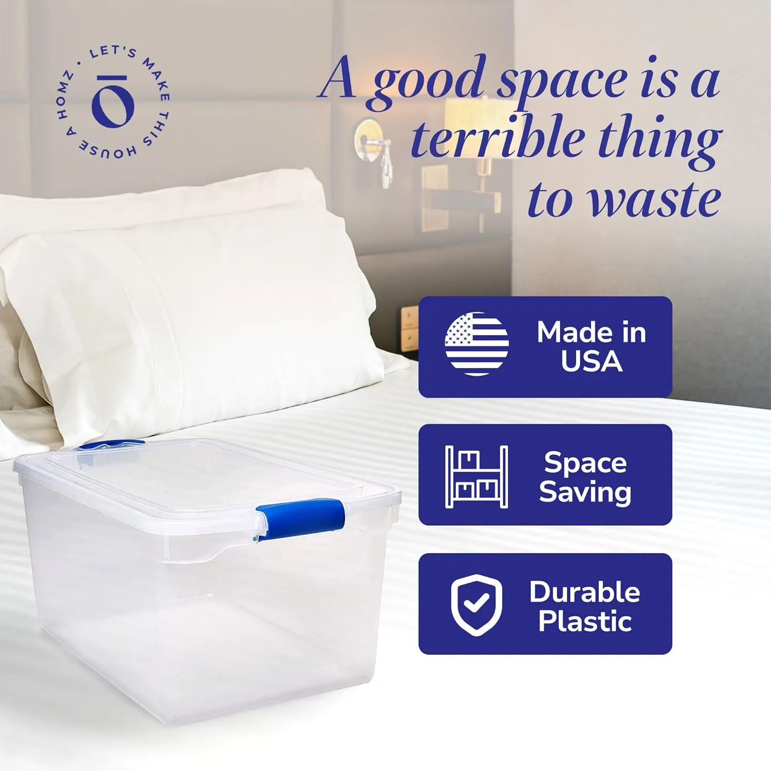 HOMZ 2-Pack Latching Lid, Large Clear Plastic Storage Bins with Lids, 66 Quart, Blue Latch - Stackable Container Boxes for Home, Bathroom, and Office Organization