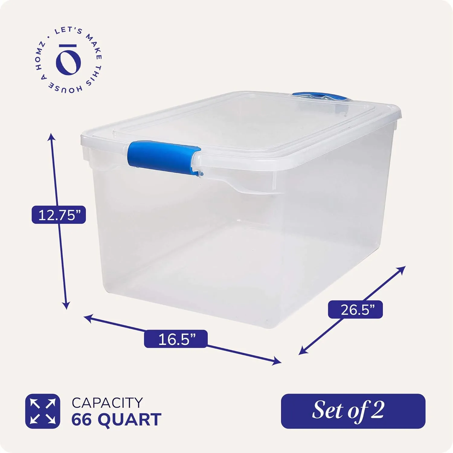 HOMZ 2-Pack Latching Lid, Large Clear Plastic Storage Bins with Lids, 66 Quart, Blue Latch - Stackable Container Boxes for Home, Bathroom, and Office Organization