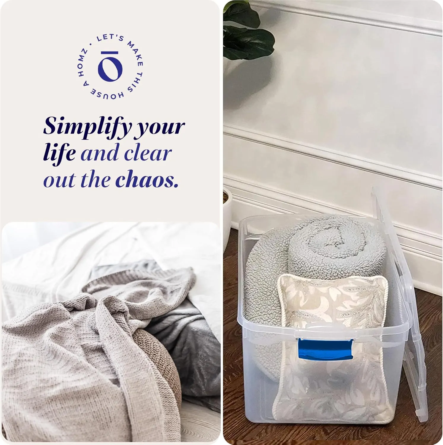 HOMZ 2-Pack Latching Lid, Large Clear Plastic Storage Bins with Lids, 66 Quart, Blue Latch - Stackable Container Boxes for Home, Bathroom, and Office Organization