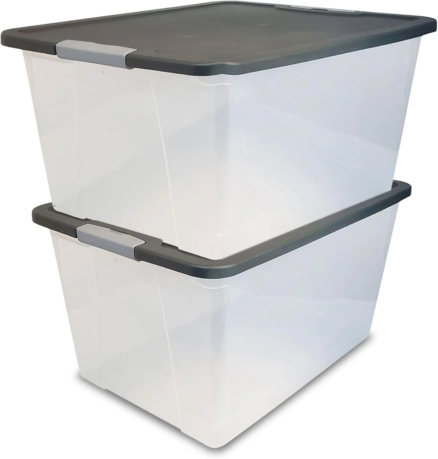 HOMZ 2-Pack Secure Latch, Clear Plastic Storage Organizer Bins, 64 Quart, Gray Lid - Heavy-Duty Container Boxes with Lids for Home, Office, and Garage