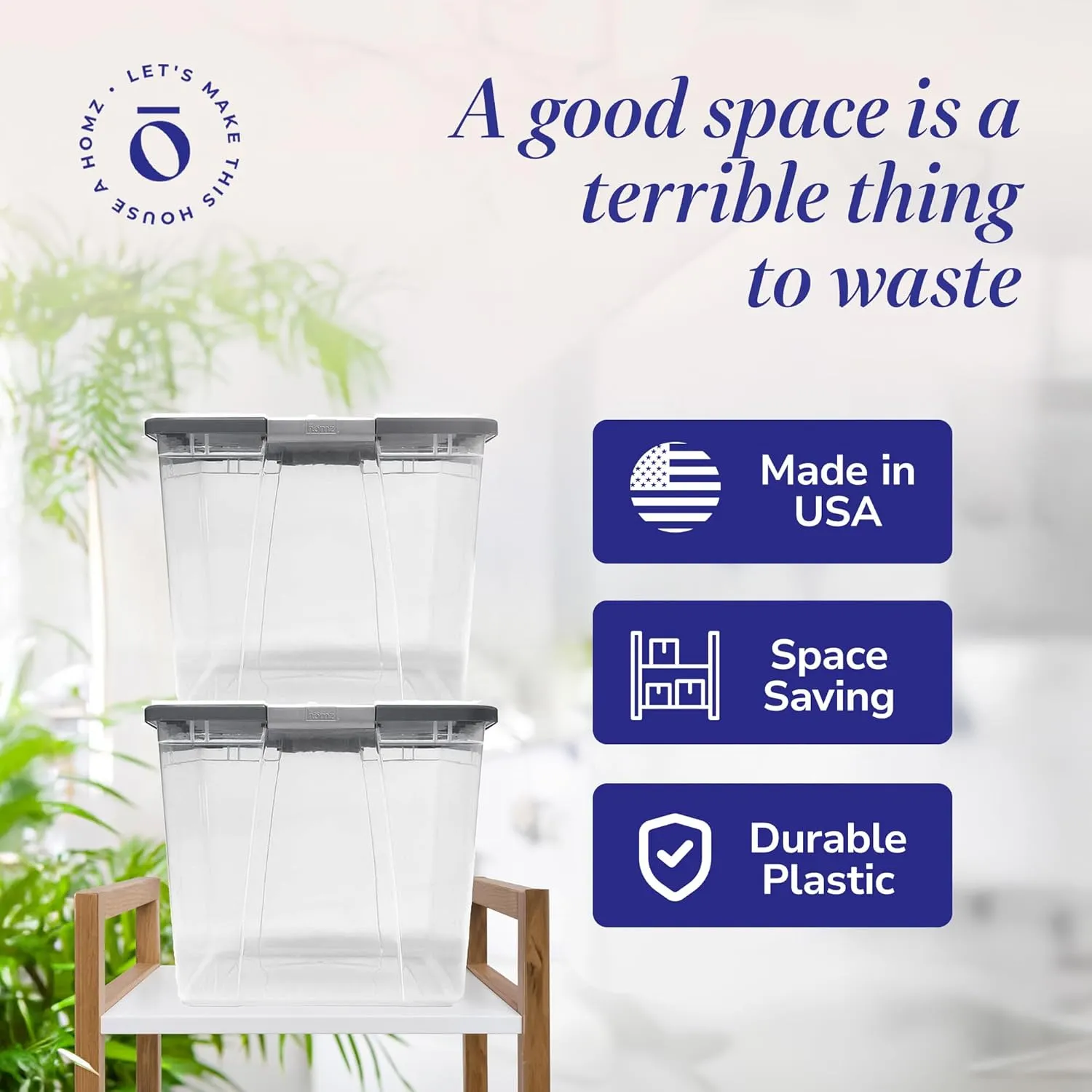 HOMZ 2-Pack Secure Latch, Clear Plastic Storage Organizer Bins, 64 Quart, Gray Lid - Heavy-Duty Container Boxes with Lids for Home, Office, and Garage