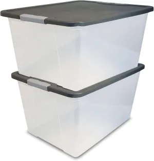 HOMZ 2-Pack Secure Latch, Clear Plastic Storage Organizer Bins, 64 Quart, Gray Lid - Heavy-Duty Container Boxes with Lids for Home, Office, and Garage