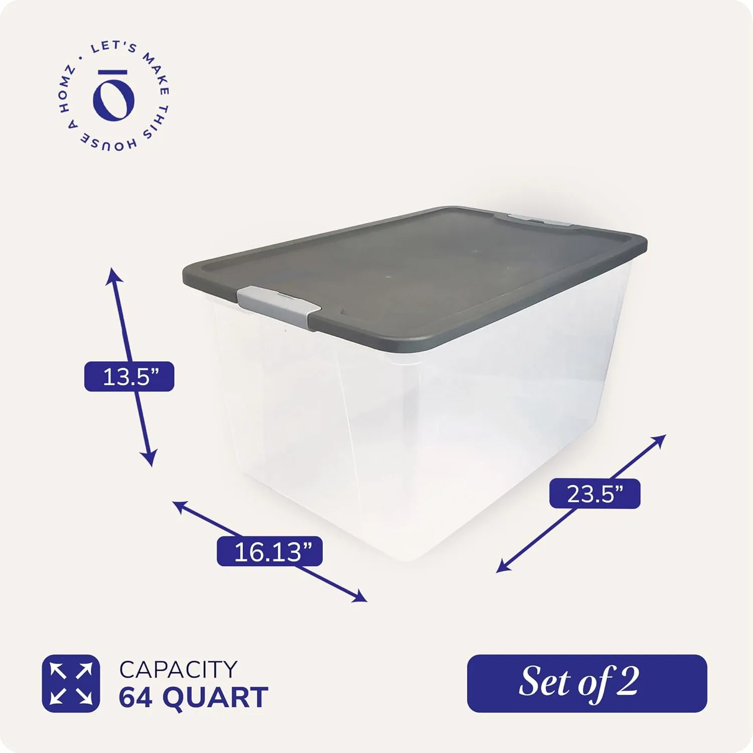 HOMZ 2-Pack Secure Latch, Clear Plastic Storage Organizer Bins, 64 Quart, Gray Lid - Heavy-Duty Container Boxes with Lids for Home, Office, and Garage