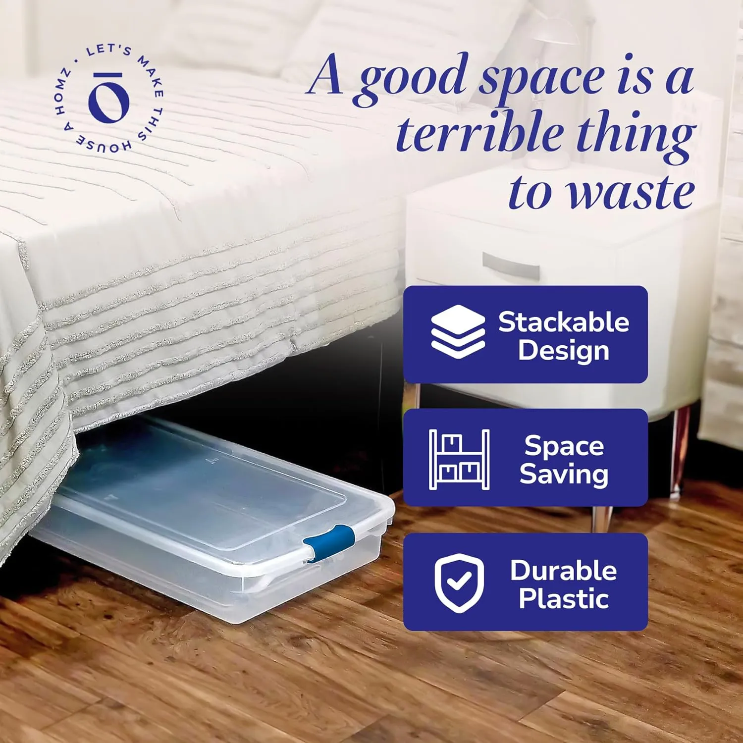 HOMZ 2-Pack Under Bed Storage, Clear Plastic Containers with Lids, 56 Quart, Blue Latch