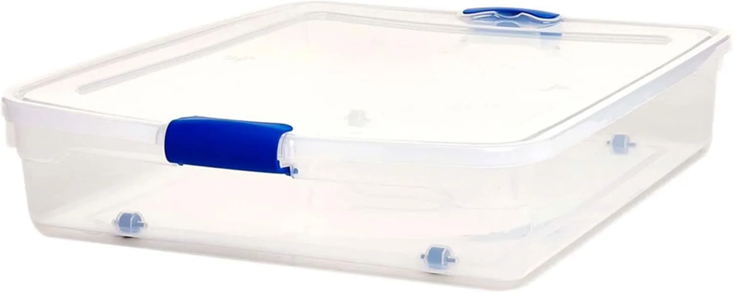 HOMZ 2-Pack Under Bed Storage, Clear Plastic Containers with Lids, 56 Quart, Blue Latch