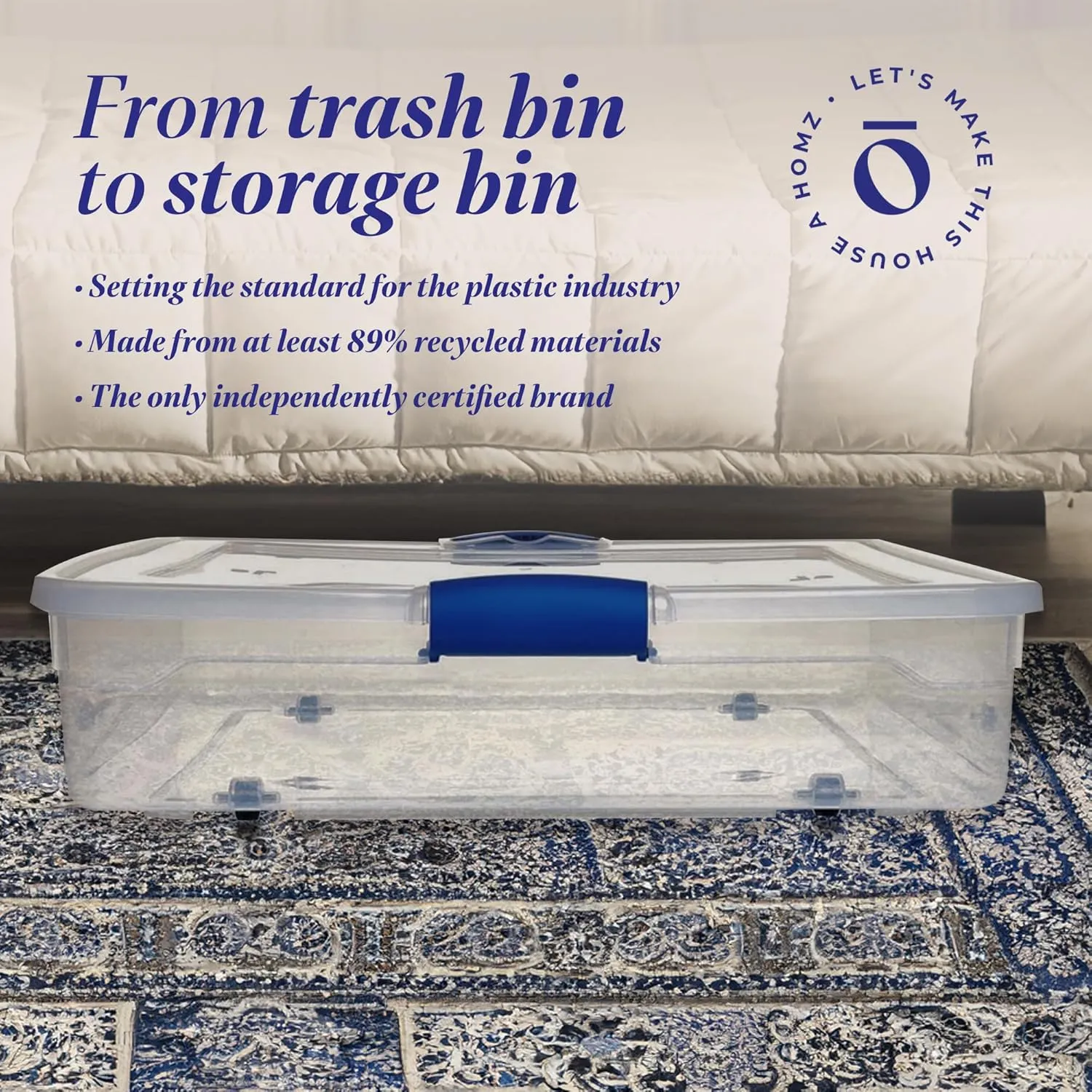 HOMZ 2-Pack Under Bed Storage, Clear Plastic Containers with Lids, 56 Quart, Blue Latch