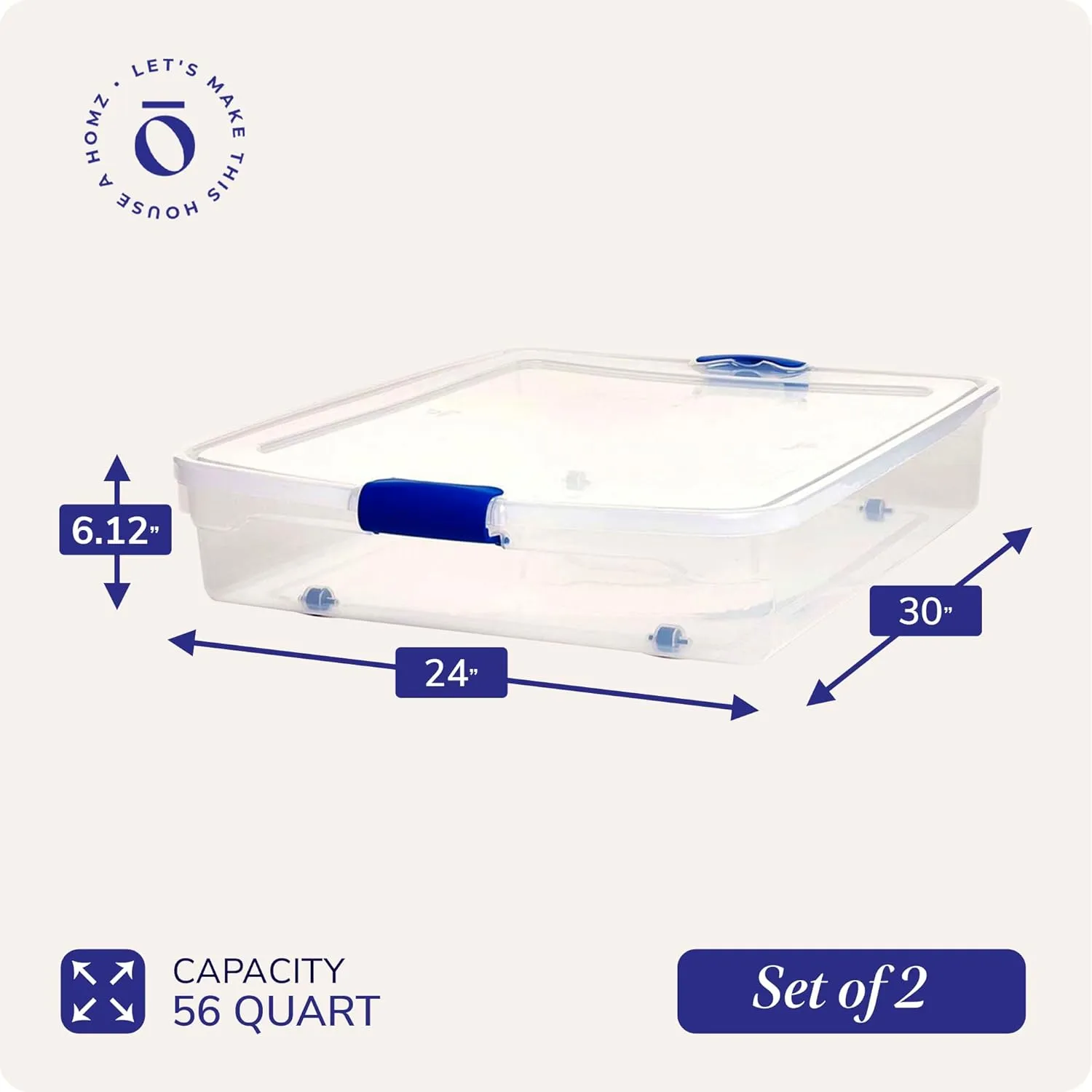 HOMZ 2-Pack Under Bed Storage, Clear Plastic Containers with Lids, 56 Quart, Blue Latch