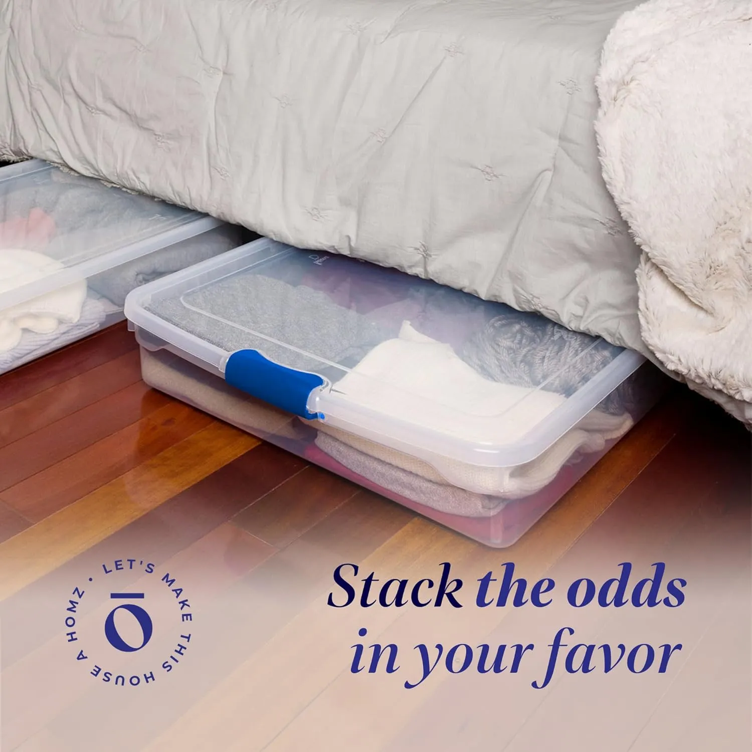 HOMZ 2-Pack Under Bed Storage, Clear Plastic Containers with Lids, 56 Quart, Blue Latch
