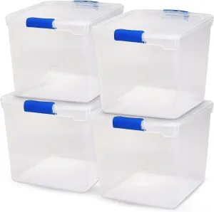 HOMZ 4-Pack Latching Lid, Large Clear Plastic Storage Bins with Lids, 31 Quart, Blue Latch - Stackable Container Boxes for Home, Bathroom, and Office Organization
