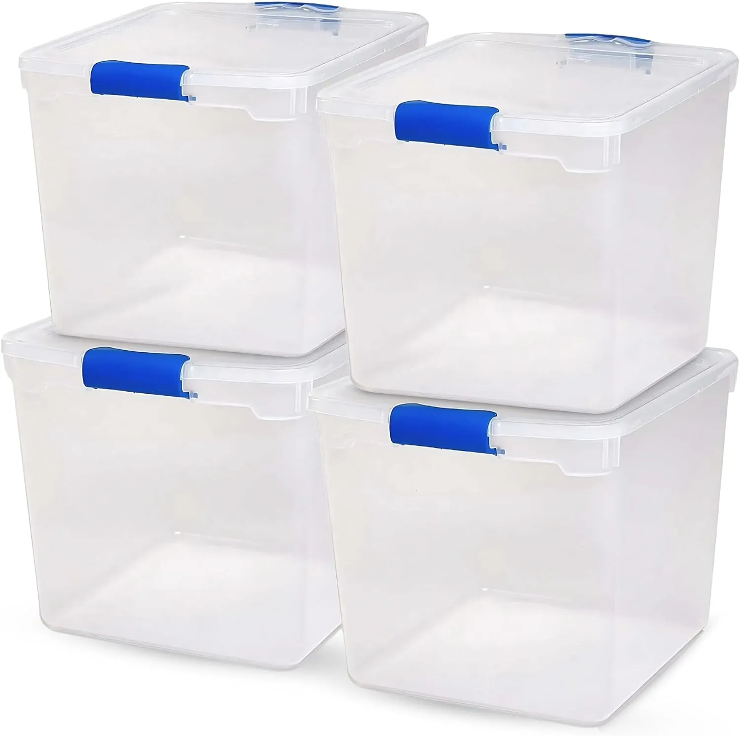 HOMZ 4-Pack Latching Lid, Large Clear Plastic Storage Bins with Lids, 31 Quart, Blue Latch - Stackable Container Boxes for Home, Bathroom, and Office Organization