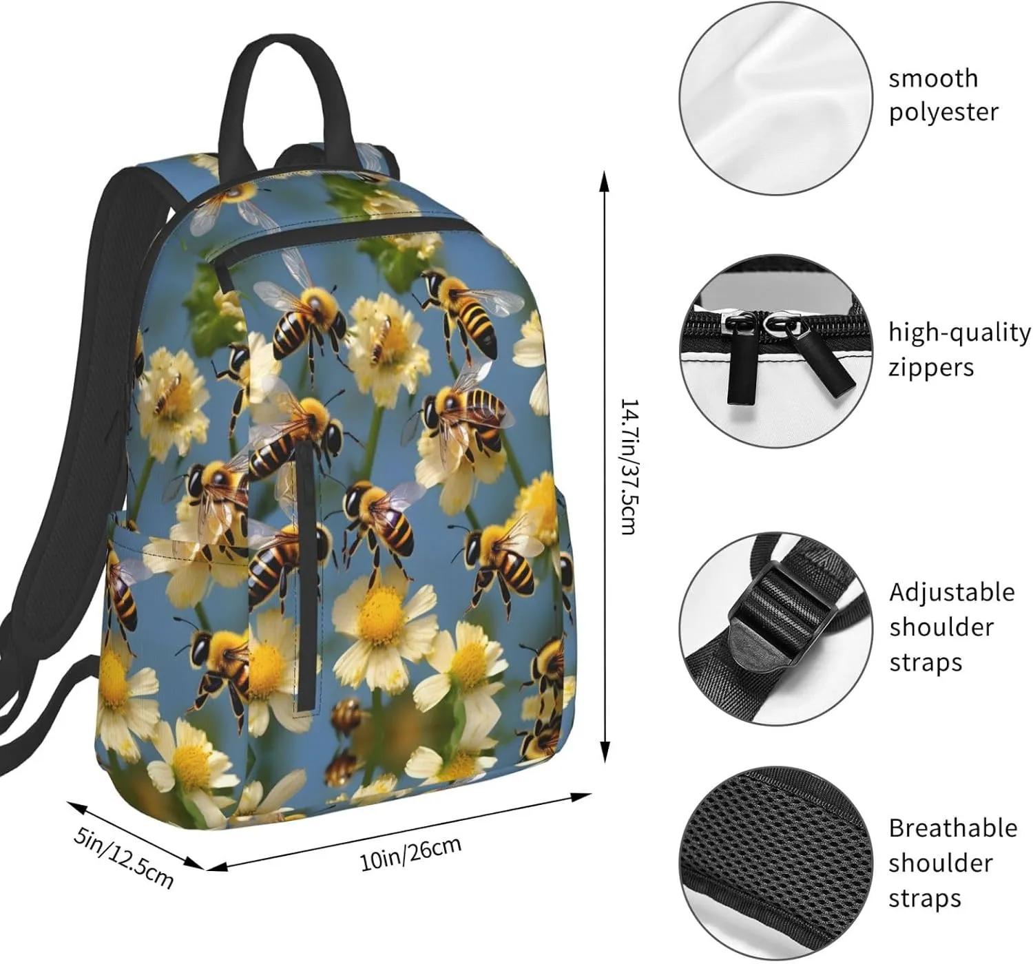 Honey Bees Flowers Print Lightweight Backpack, Travel Bookbag College Bag,Laptop Backpack For Men Women