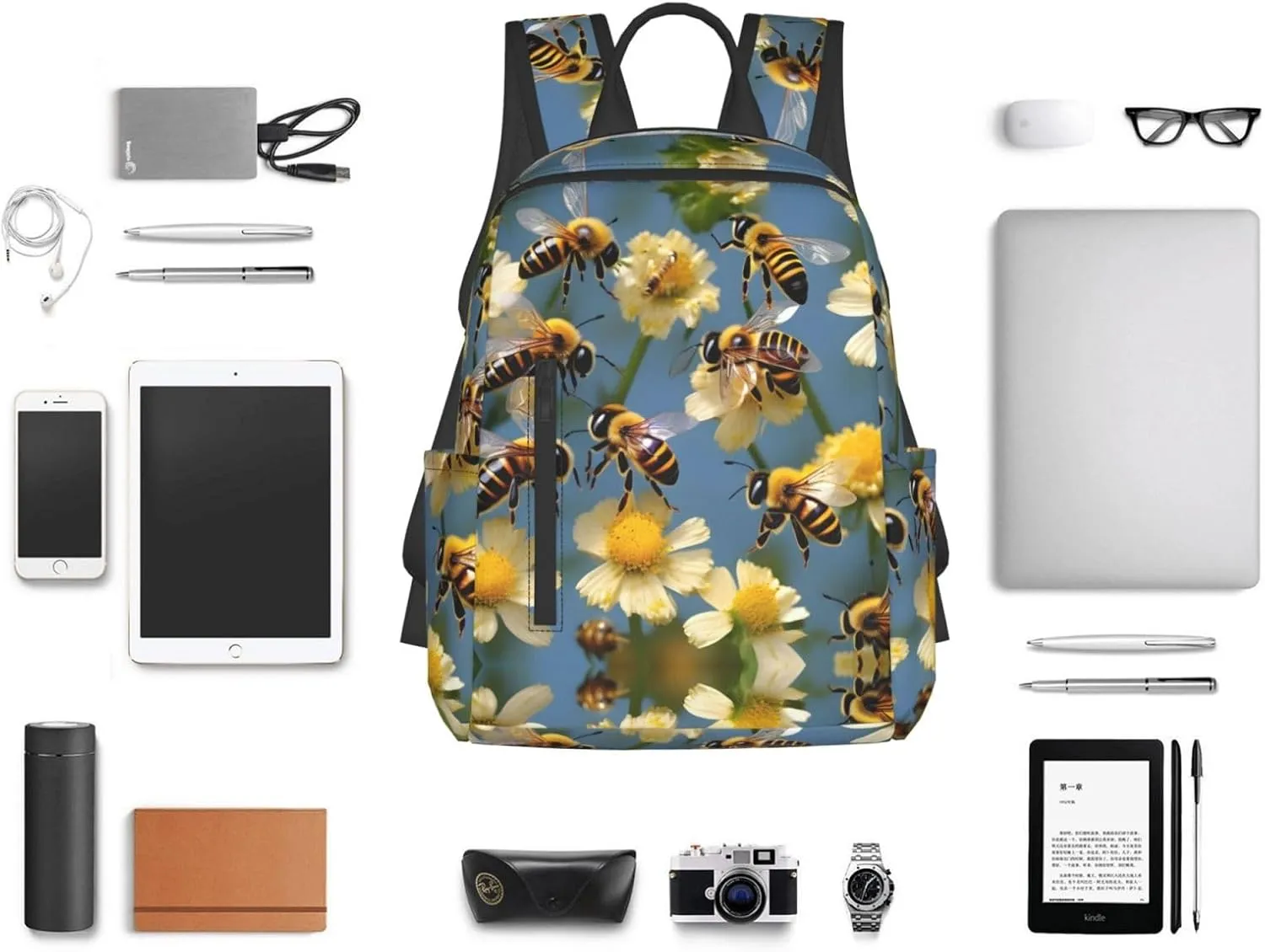 Honey Bees Flowers Print Lightweight Backpack, Travel Bookbag College Bag,Laptop Backpack For Men Women