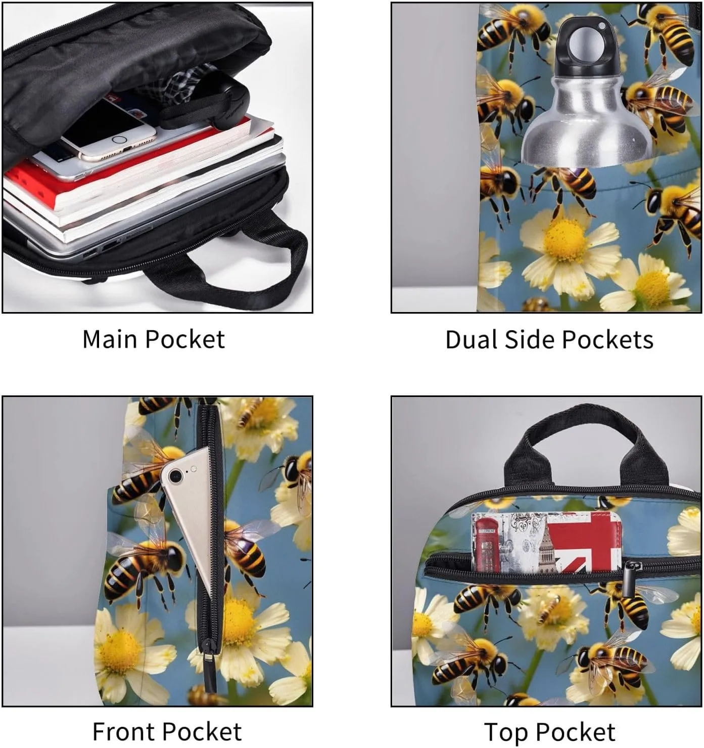 Honey Bees Flowers Print Lightweight Backpack, Travel Bookbag College Bag,Laptop Backpack For Men Women