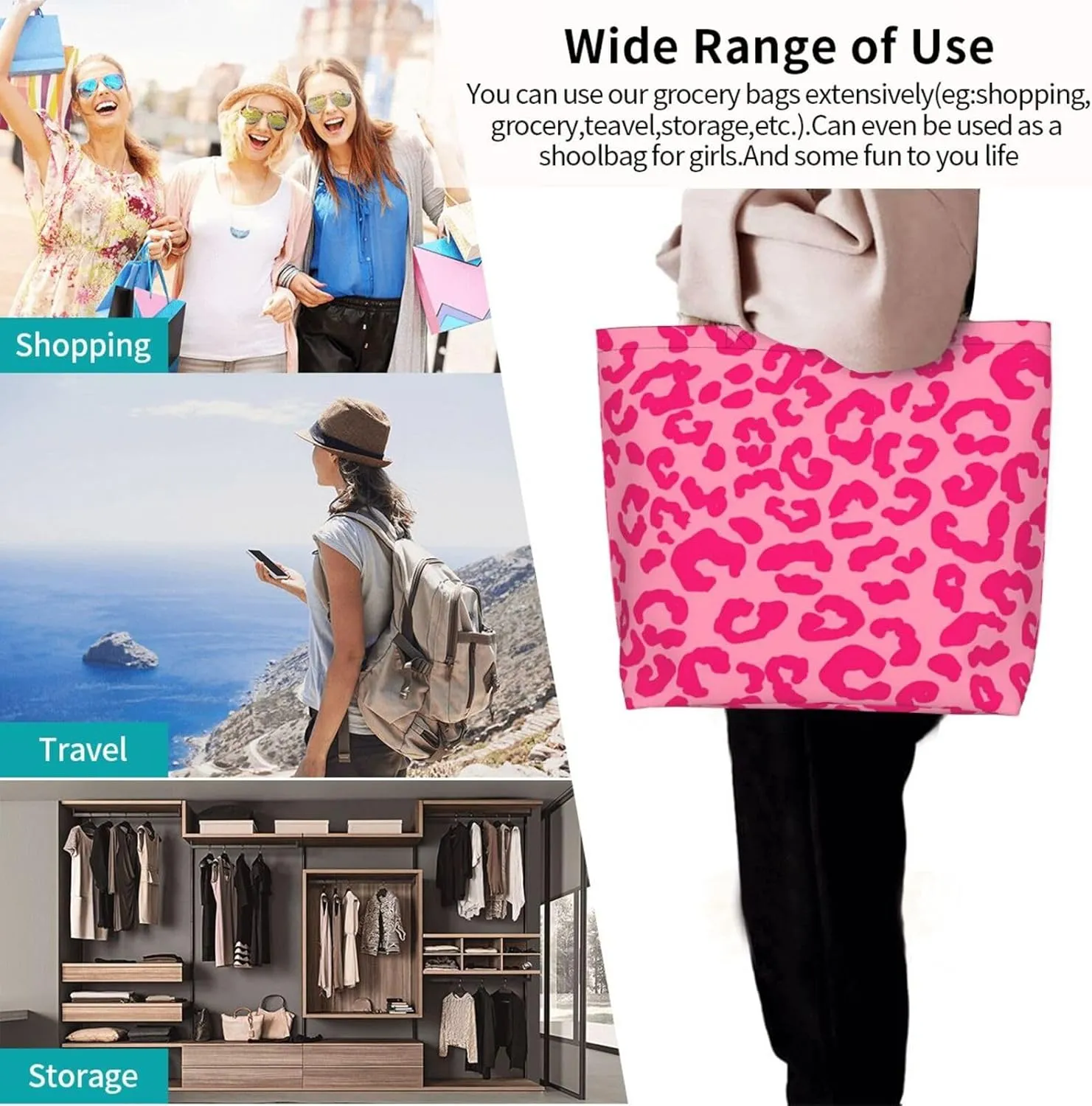 Hot Pinks Zebra Leopard Animal Stripes Women's Tote Bag Large Capacity Single Shoulder Bags Handbag for Shopping Work