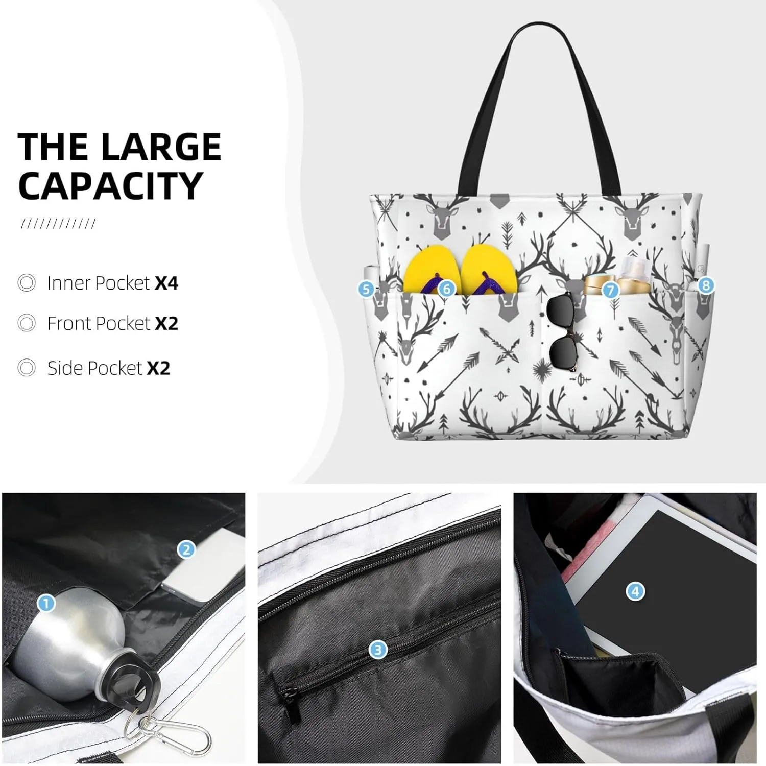 Hunting Arrows Deer. Beach Tote Bags For Women Travel Totes Bag Handbag With Zipper And Pockets For Travel Vacation