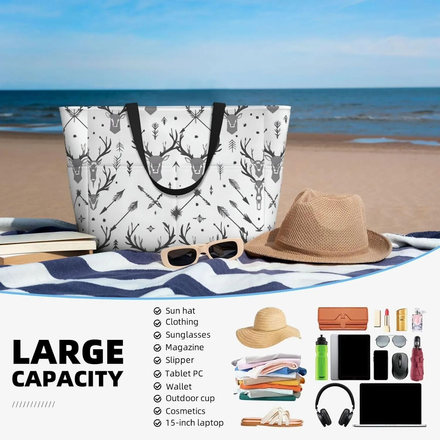 Hunting Arrows Deer. Beach Tote Bags For Women Travel Totes Bag Handbag With Zipper And Pockets For Travel Vacation