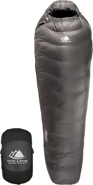 Hyke & Byke Katahdin 15 F Hiking & Backpacking Sleeping Bag - 4 Season, 625FP Ultralight Sleeping Bag - Water Resistant - Charcoal Gray - Long