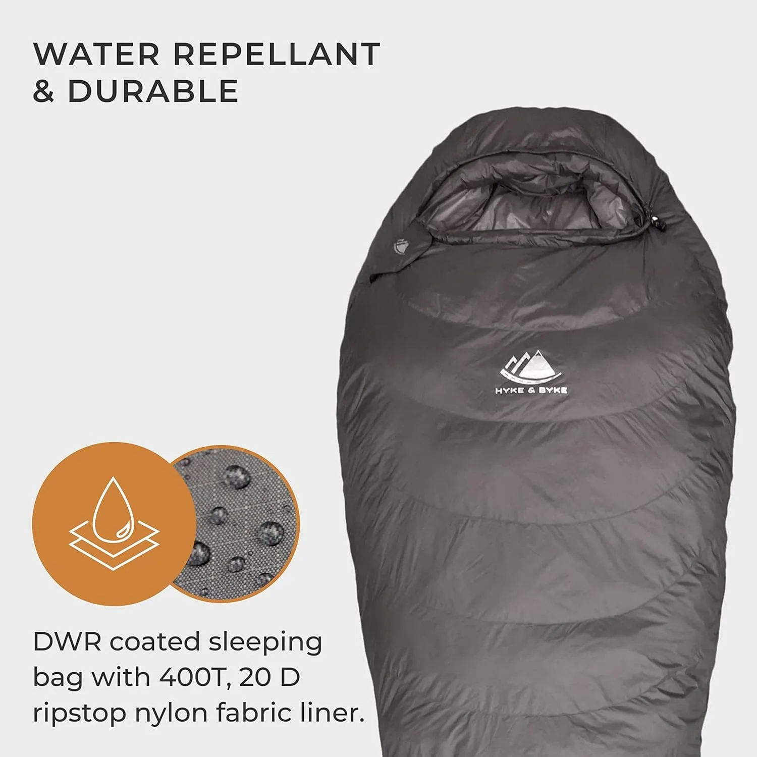Hyke & Byke Katahdin 15 F Hiking & Backpacking Sleeping Bag - 4 Season, 625FP Ultralight Sleeping Bag - Water Resistant - Charcoal Gray - Long