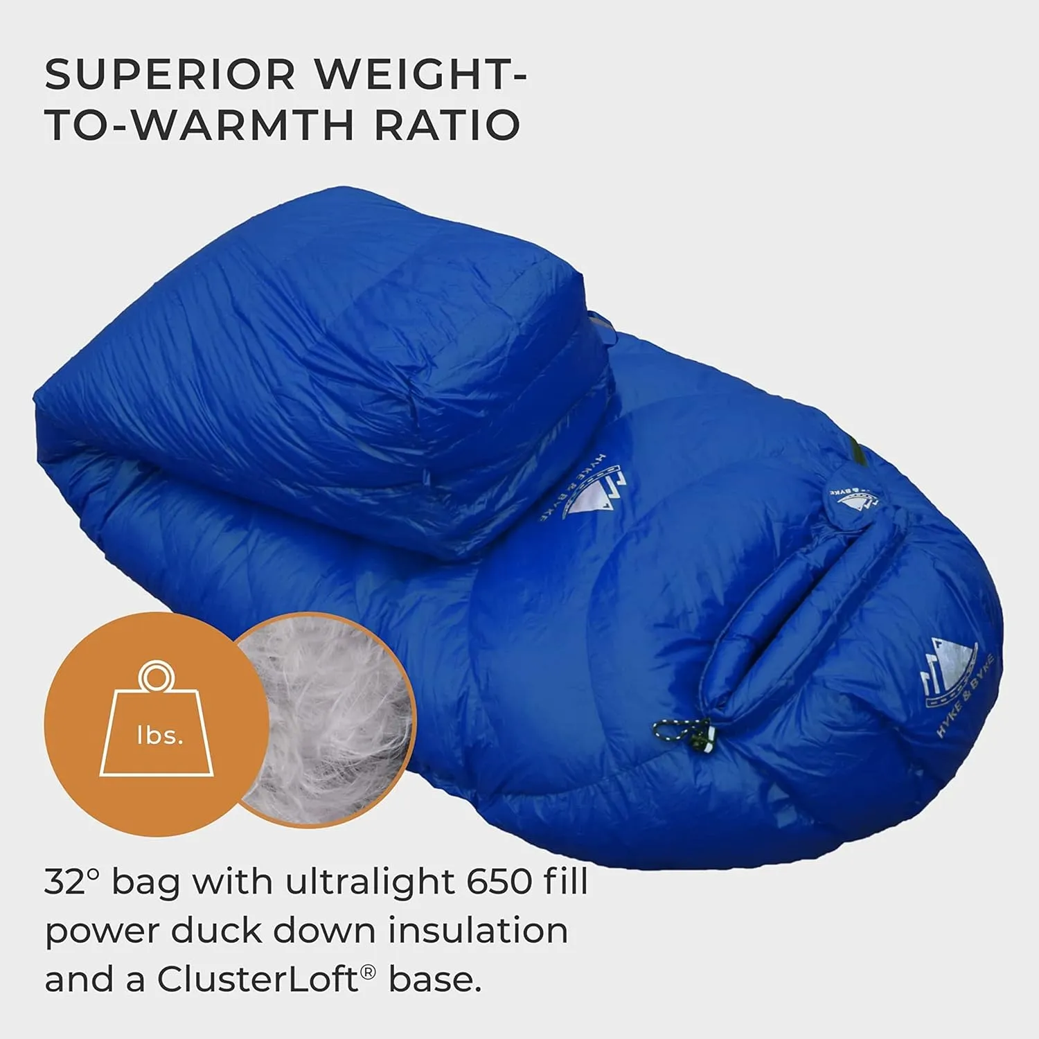 Hyke & Byke Shavano 32 F Hiking & Backpacking Sleeping Bag - 3 Season, 650FP Duck Down Sleeping Bag - Ultralight - Black - 78in - Regular