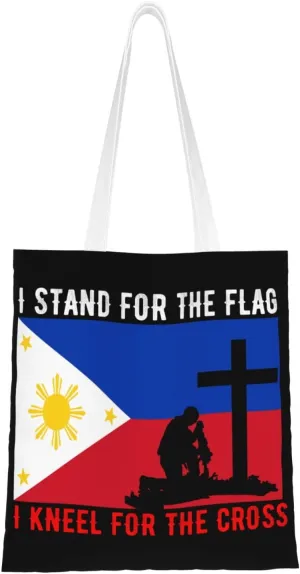 I Stand For The Philippines Flag And I Kneel For The Cross Tote Bag for Women Canvas Shopping Bags Reusable Large Capacity Casual Shoulder Handbags Grocery Bags DIY Gift Bags