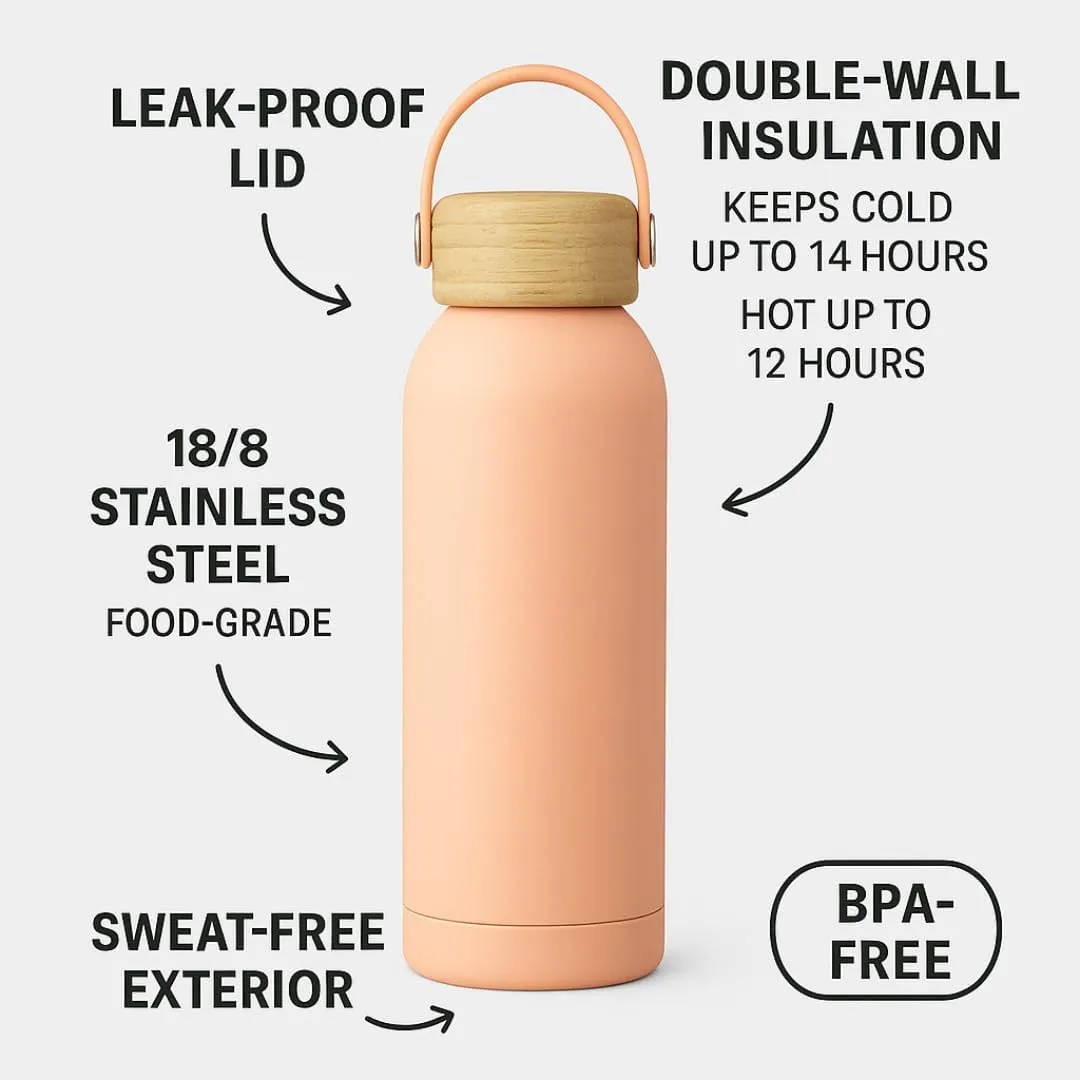 Insulated Stainless Steel Thermos Flask 17oz / 25oz Leakproof Reusable Water Bottle with Bamboo Lid, BPA-Free Hot & Cold Drink Container for Travel, Gym, Office, Sports (Slate, 17 Ounces)
