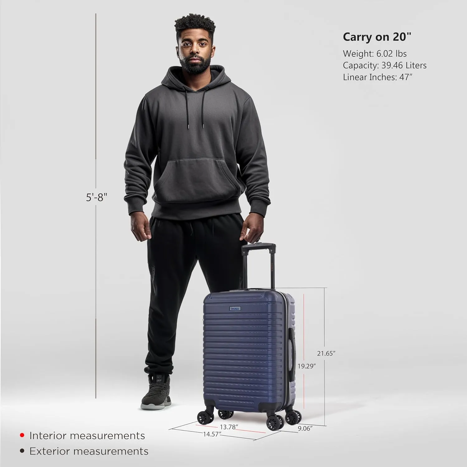 InUSA DEEP Luggage with GEL Handle | Spacious Traveling Suitcases, Travel Suitcase with Dual Spinner Wheels and Studs | 20 Inch Carry On Hardside Luggage | Blue