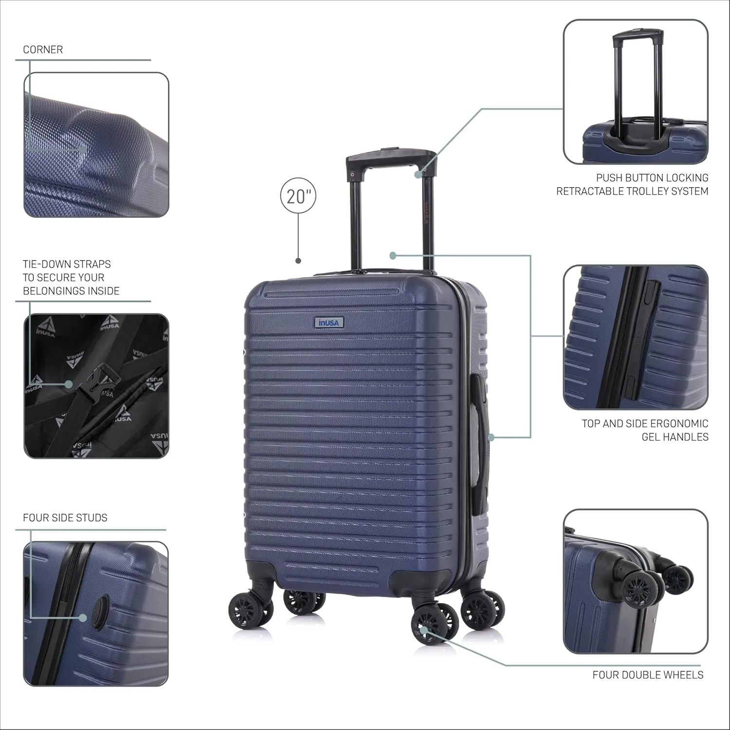 InUSA DEEP Luggage with GEL Handle | Spacious Traveling Suitcases, Travel Suitcase with Dual Spinner Wheels and Studs | 20 Inch Carry On Hardside Luggage | Blue
