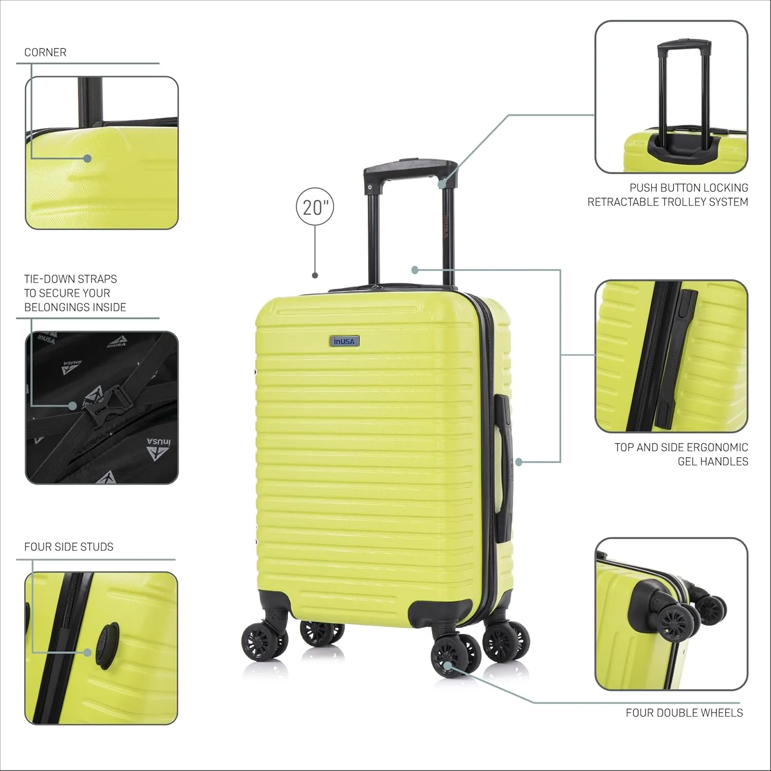 InUSA DEEP Luggage with GEL Handle | Spacious Traveling Suitcases, Travel Suitcase with Dual Spinner Wheels and Studs | 20 Inch Carry On Hardside Luggage | Green