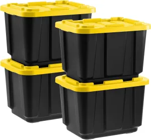 IRIS USA 12 Gallon Heavy Duty Truck Bed Toolbox Storage Tote Bins with Lids, 4 Pack - Made in USA, Tough Snap On Lid Stackable Industrial Rugged Tubs, Garage Organization, Reusable Box - Black/Yellow