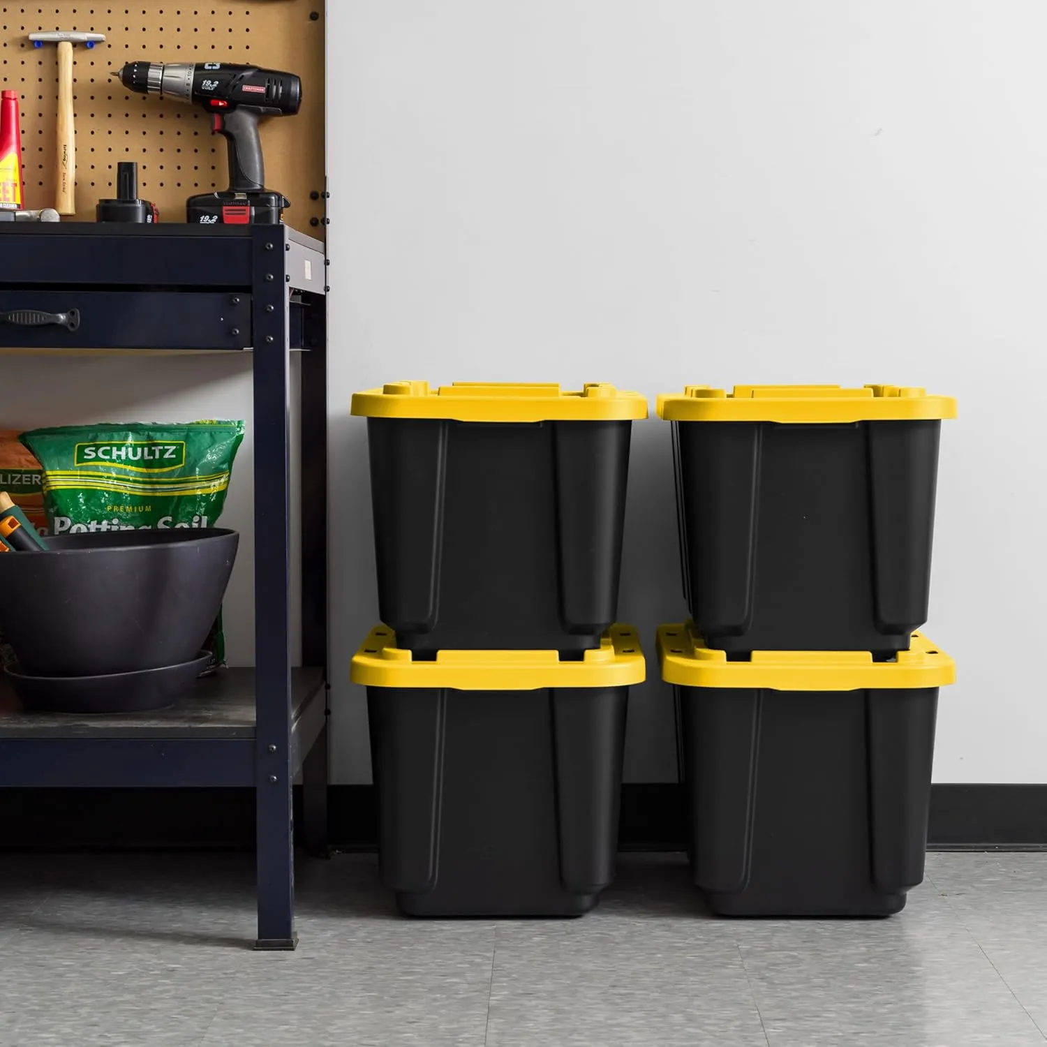 IRIS USA 12 Gallon Heavy Duty Truck Bed Toolbox Storage Tote Bins with Lids, 4 Pack - Made in USA, Tough Snap On Lid Stackable Industrial Rugged Tubs, Garage Organization, Reusable Box - Black/Yellow