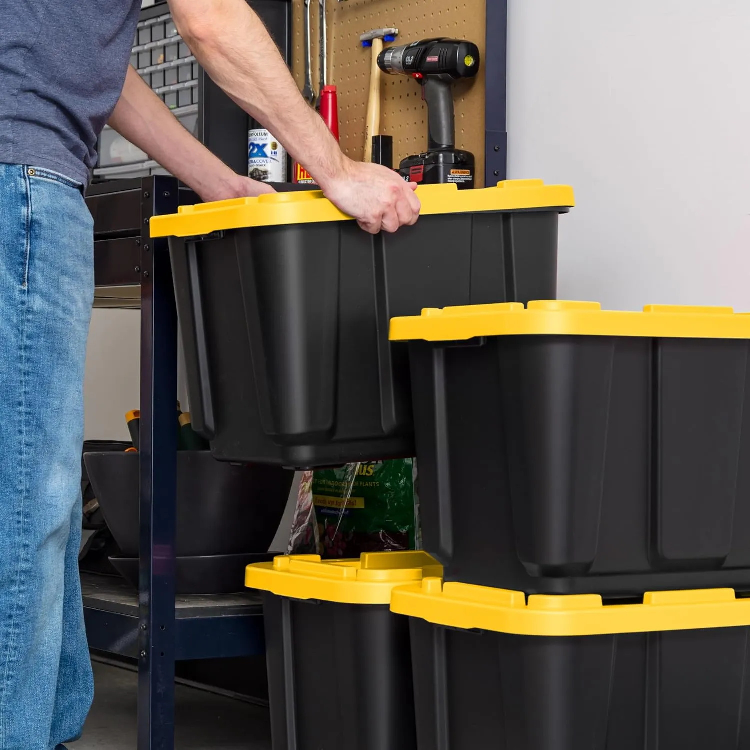IRIS USA 12 Gallon Heavy Duty Truck Bed Toolbox Storage Tote Bins with Lids, 4 Pack - Made in USA, Tough Snap On Lid Stackable Industrial Rugged Tubs, Garage Organization, Reusable Box - Black/Yellow