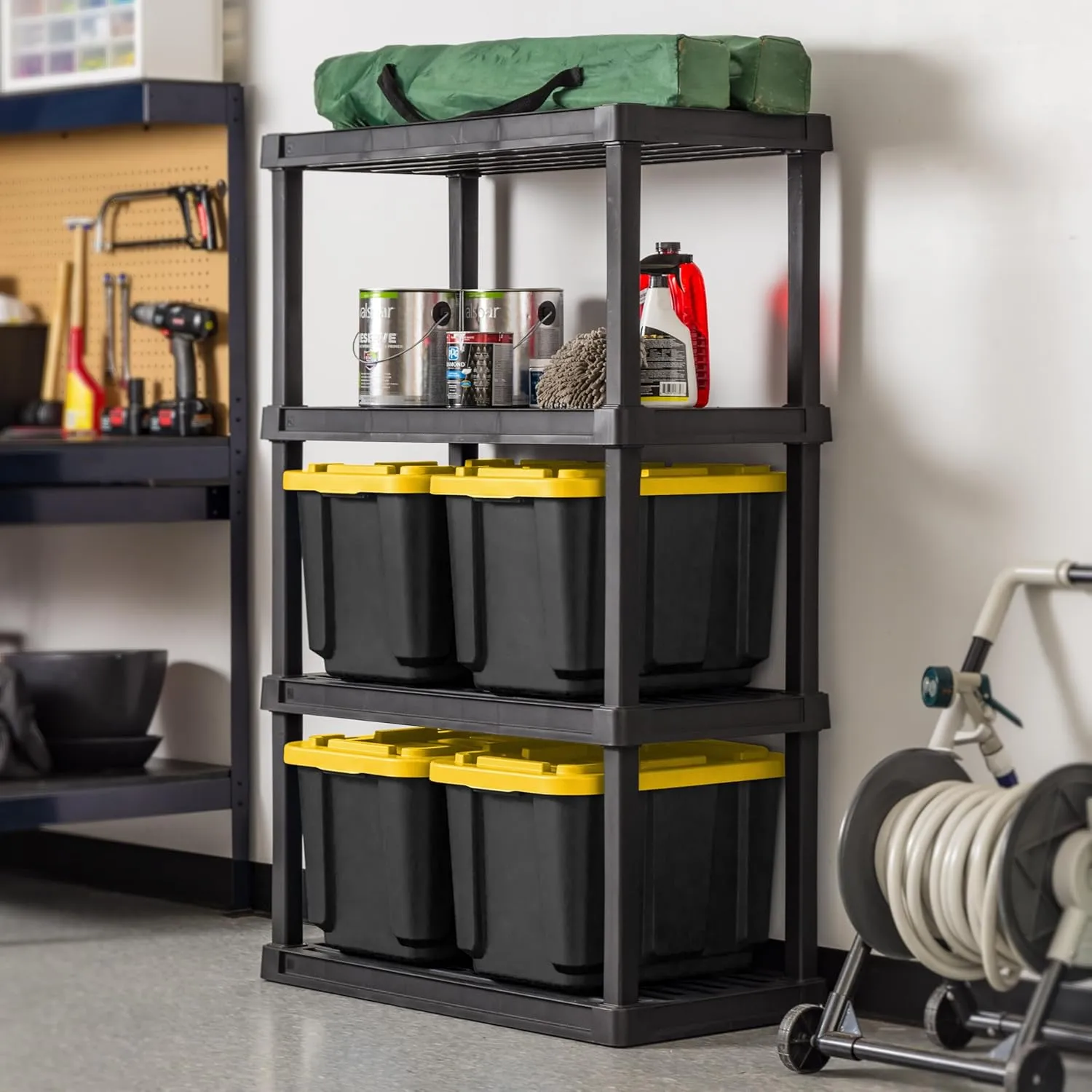 IRIS USA 12 Gallon Heavy Duty Truck Bed Toolbox Storage Tote Bins with Lids, 4 Pack - Made in USA, Tough Snap On Lid Stackable Industrial Rugged Tubs, Garage Organization, Reusable Box - Black/Yellow