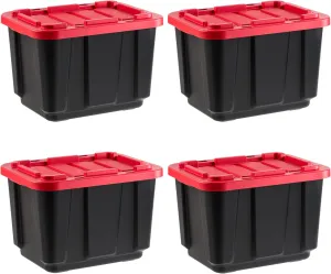 IRIS USA 12 Gallon Heavy Duty Truck Bed Toolbox Storage Tote Bins with Lids, 4 Pack - Made in USA, Tough Snap On Lid Stackable Industrial Rugged Tubs, Garage Organization, Reusable Box - Red
