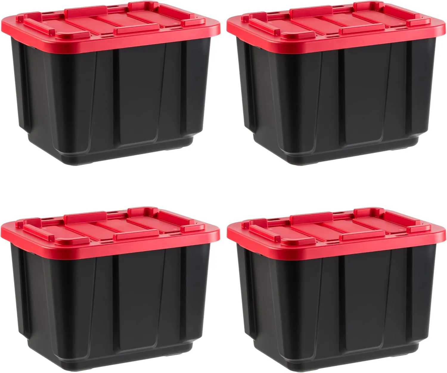 IRIS USA 12 Gallon Heavy Duty Truck Bed Toolbox Storage Tote Bins with Lids, 4 Pack - Made in USA, Tough Snap On Lid Stackable Industrial Rugged Tubs, Garage Organization, Reusable Box - Red