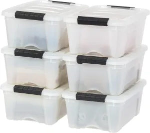 IRIS USA 13 Qt Stackable Plastic Storage Bins with Lids, 6 Pack - BPA-Free, Made in USA - Discreet Organizing Solution, Latches, Durable Nestable Containers, Secure Pull Handle - Pearl