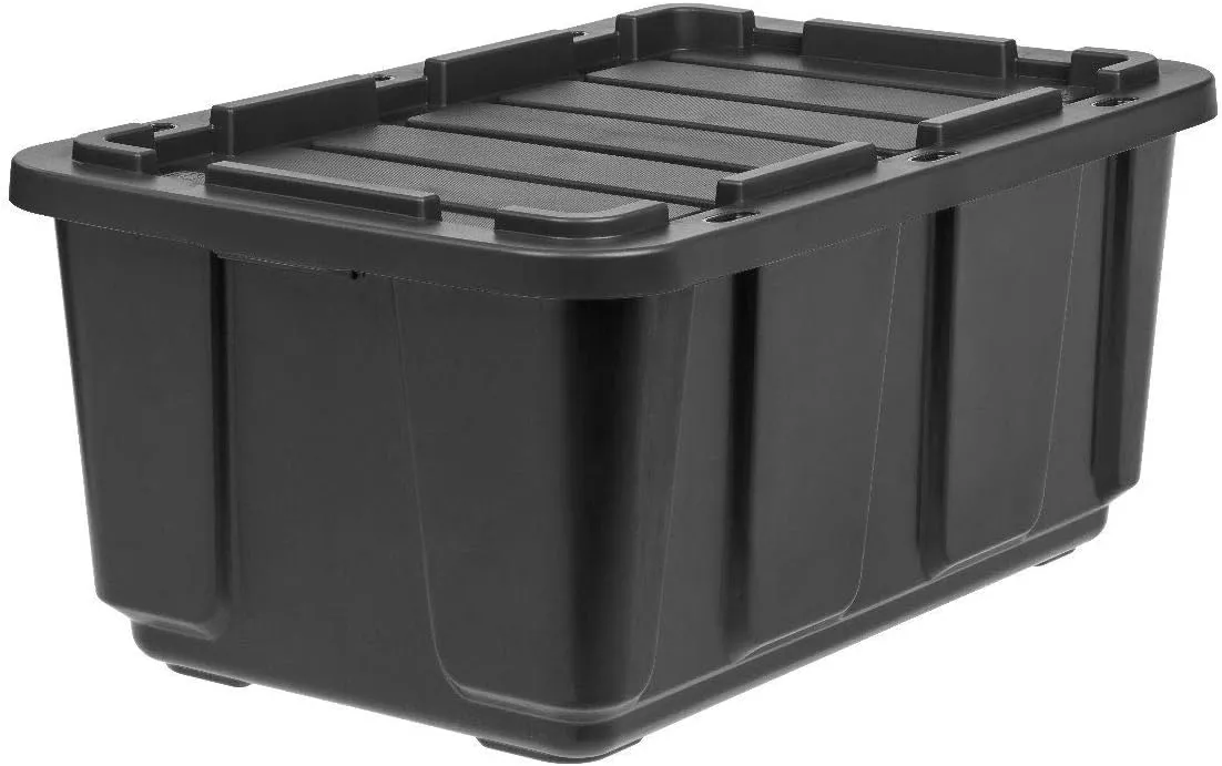IRIS USA 27 Gallon Heavy Duty Truck Bed Toolbox Storage Tote Bins with Lids, 4 Pack - Made in USA, Tough Snap On Lid Stackable Industrial Rugged Tubs, Garage Organization, Reusable Box - Black