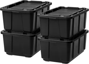 IRIS USA 27 Gallon Heavy Duty Truck Bed Toolbox Storage Tote Bins with Lids, 4 Pack - Made in USA, Tough Snap On Lid Stackable Industrial Rugged Tubs, Garage Organization, Reusable Box - Black