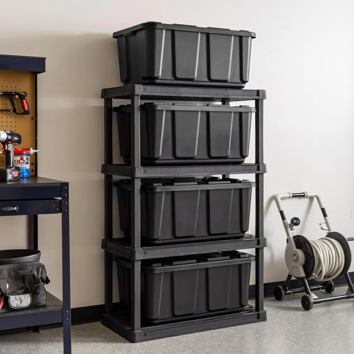 IRIS USA 27 Gallon Heavy Duty Truck Bed Toolbox Storage Tote Bins with Lids, 4 Pack - Made in USA, Tough Snap On Lid Stackable Industrial Rugged Tubs, Garage Organization, Reusable Box - Black