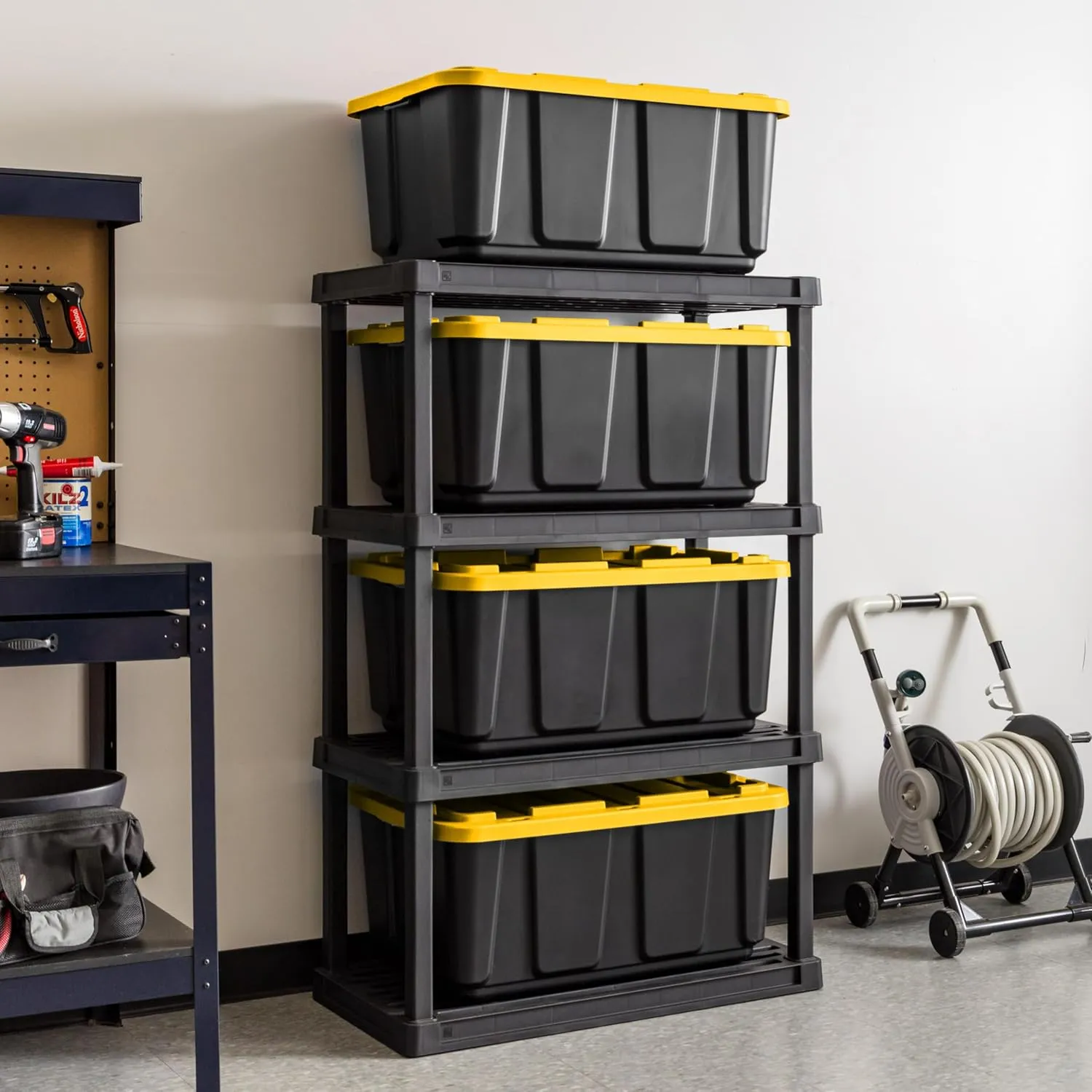 IRIS USA 27 Gallon Heavy Duty Truck Bed Toolbox Storage Tote Bins with Lids, 4 Pack - Made in USA, Tough Snap On Lid Stackable Industrial Rugged Tubs, Garage Organization, Reusable Box - Black/Yellow