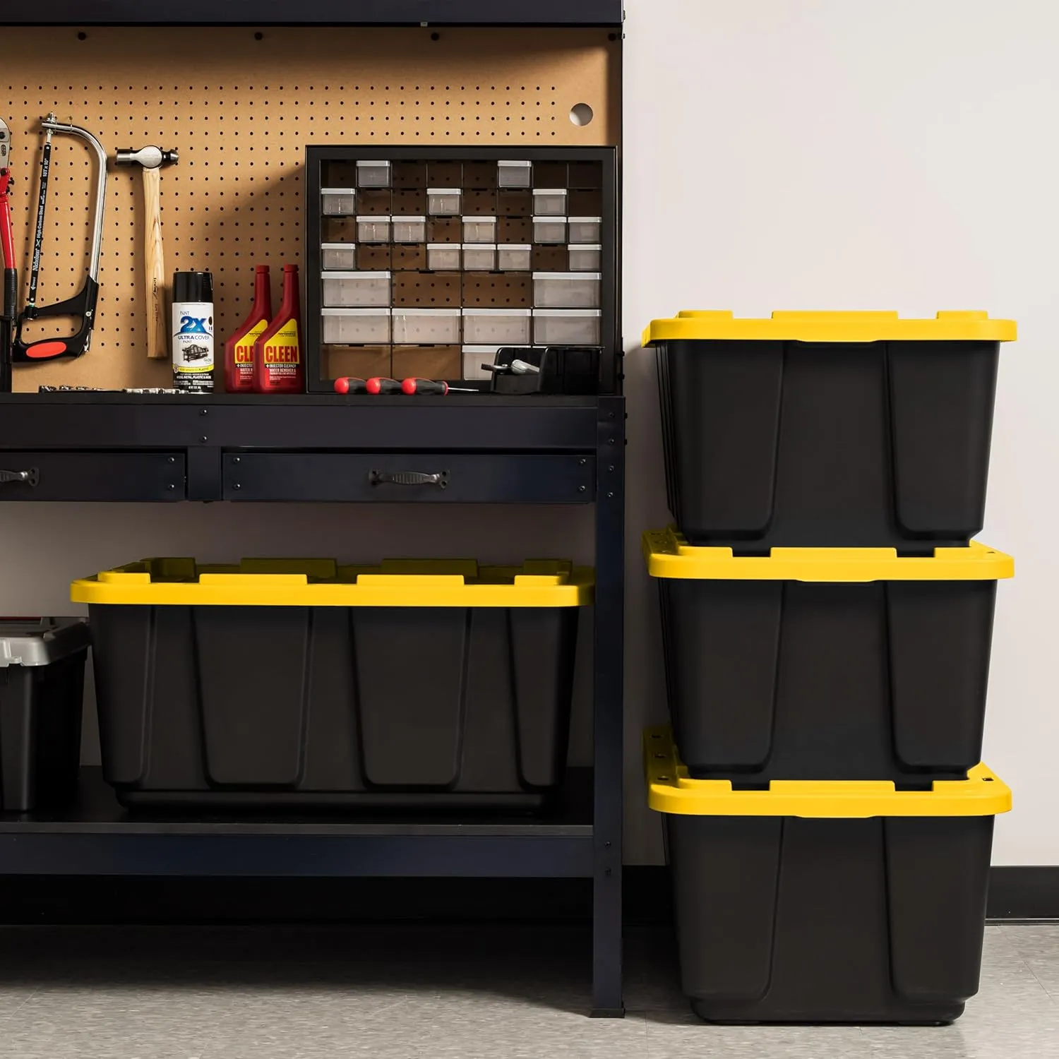 IRIS USA 27 Gallon Heavy Duty Truck Bed Toolbox Storage Tote Bins with Lids, 4 Pack - Made in USA, Tough Snap On Lid Stackable Industrial Rugged Tubs, Garage Organization, Reusable Box - Black/Yellow