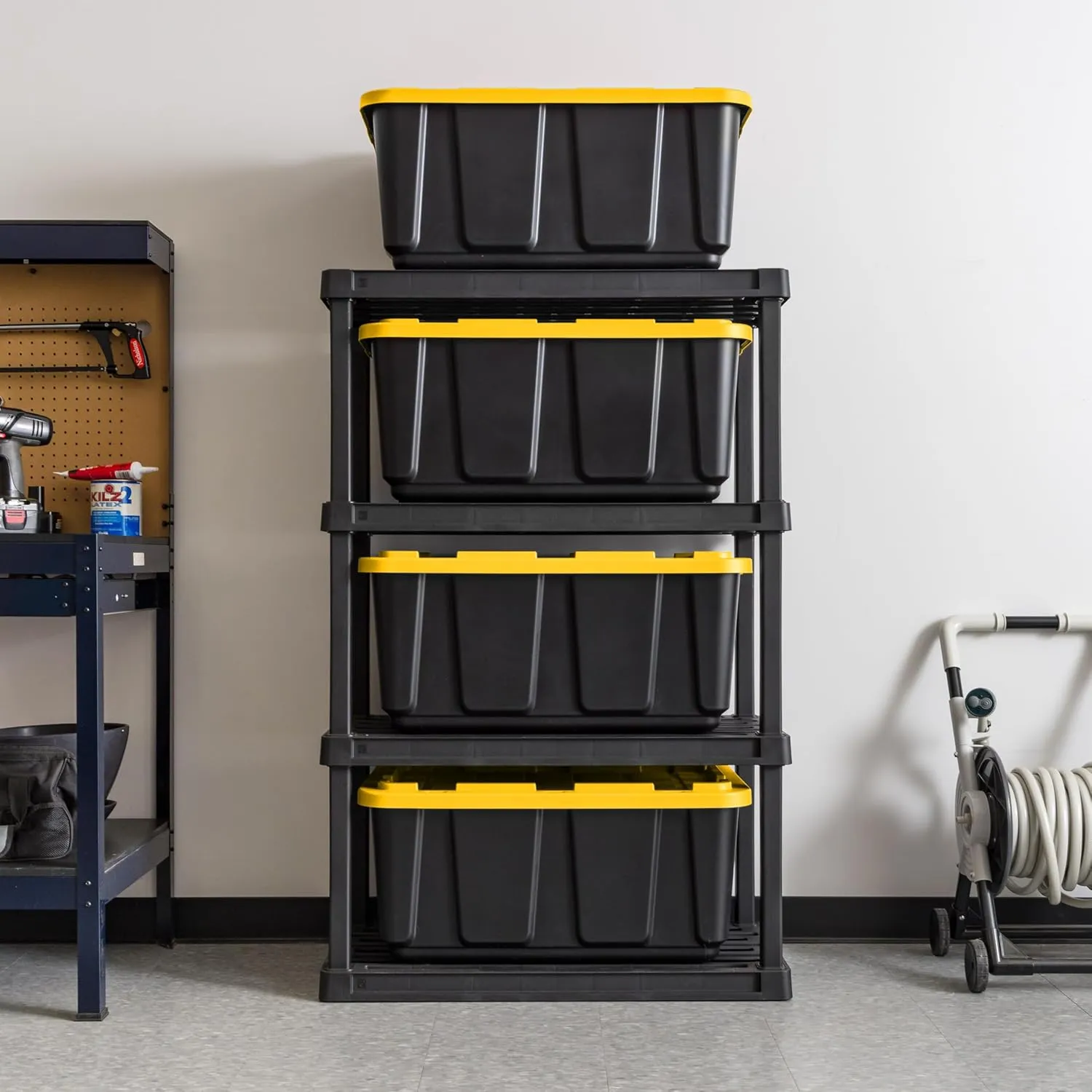 IRIS USA 27 Gallon Heavy Duty Truck Bed Toolbox Storage Tote Bins with Lids, 4 Pack - Made in USA, Tough Snap On Lid Stackable Industrial Rugged Tubs, Garage Organization, Reusable Box - Black/Yellow