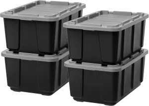 IRIS USA 27 Gallon Heavy Duty Truck Bed Toolbox Storage Tote Bins with Lids, 4 Pack - Made in USA, Tough Snap On Lid Stackable Industrial Rugged Tubs, Garage Organization, Reusable Box - Gray