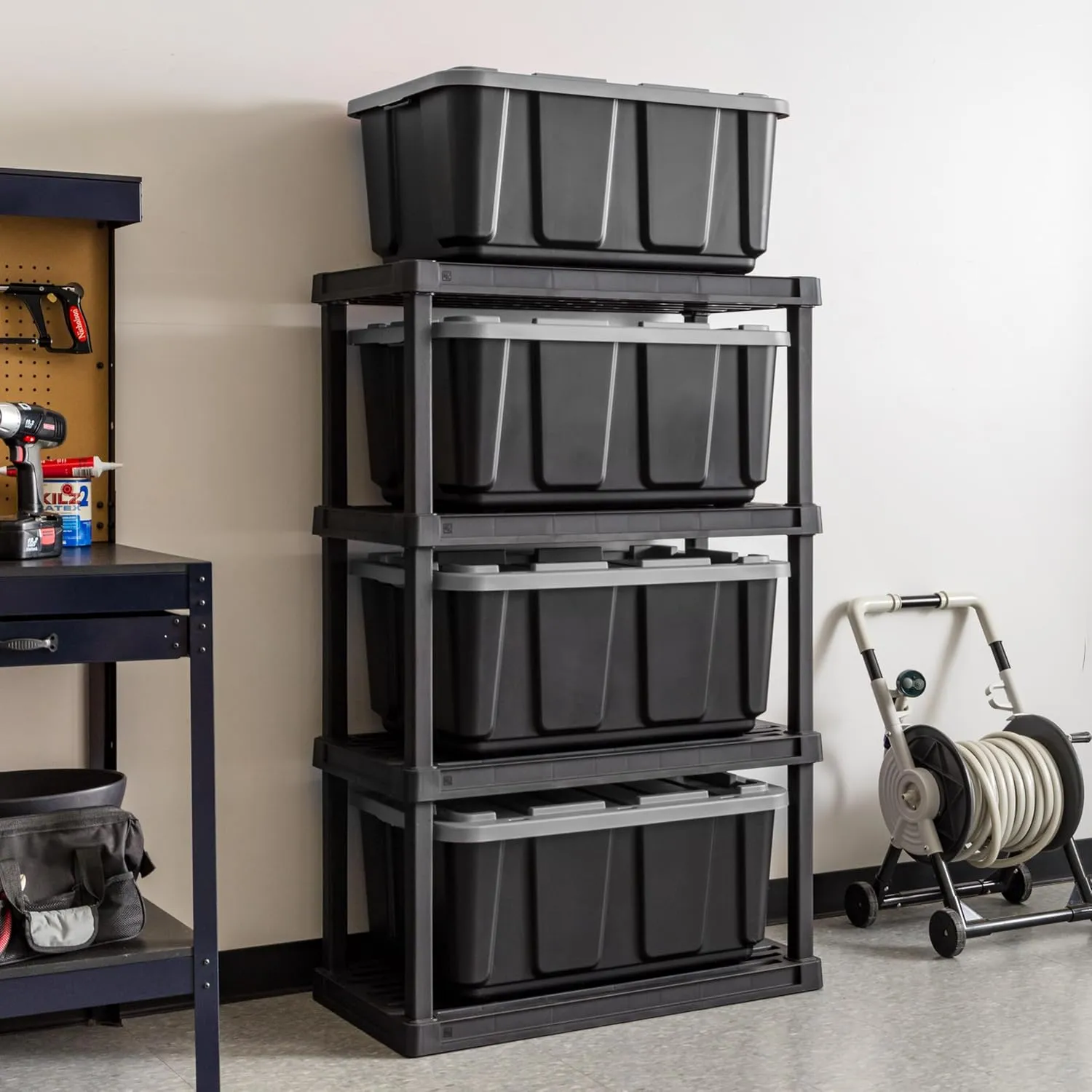 IRIS USA 27 Gallon Heavy Duty Truck Bed Toolbox Storage Tote Bins with Lids, 4 Pack - Made in USA, Tough Snap On Lid Stackable Industrial Rugged Tubs, Garage Organization, Reusable Box - Gray