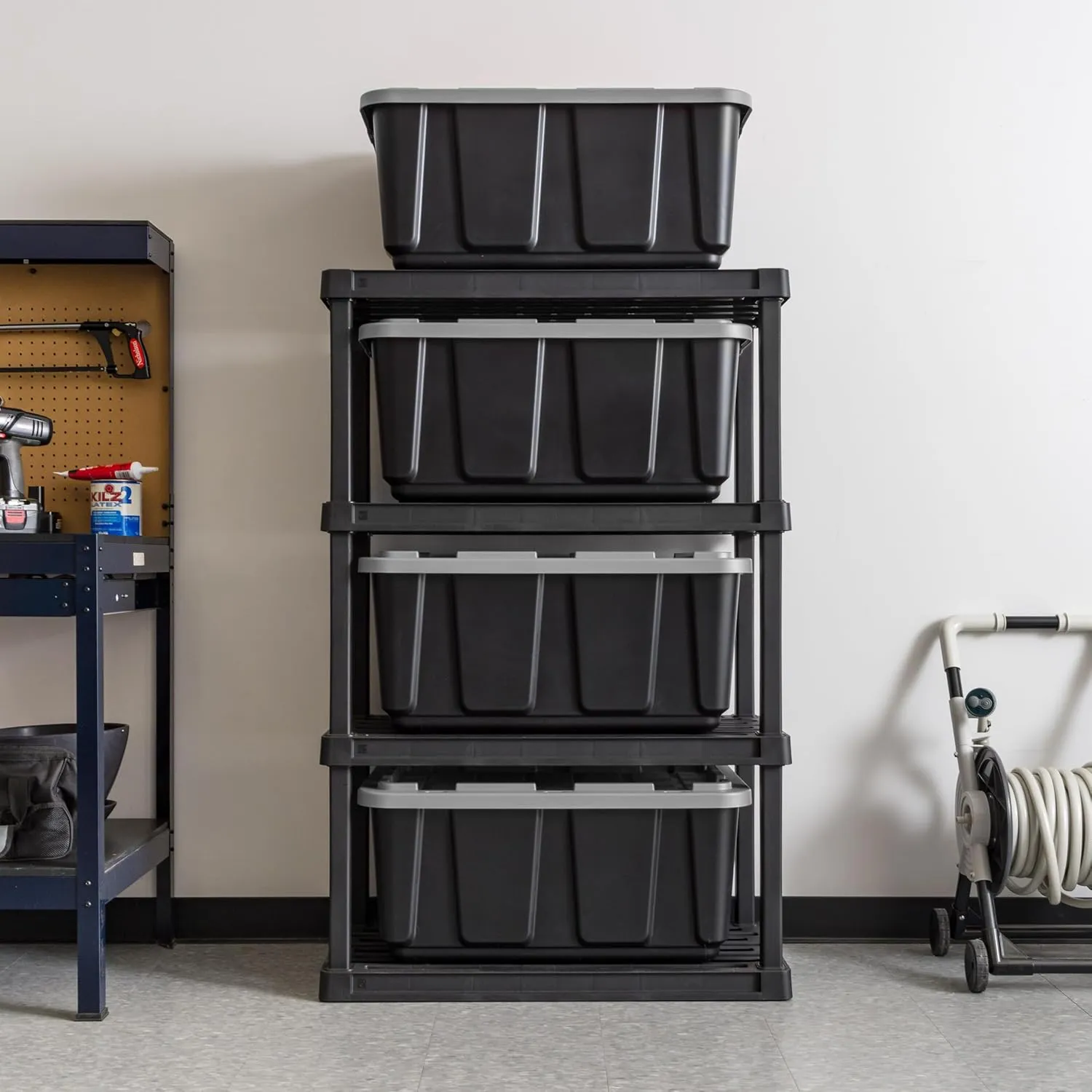 IRIS USA 27 Gallon Heavy Duty Truck Bed Toolbox Storage Tote Bins with Lids, 4 Pack - Made in USA, Tough Snap On Lid Stackable Industrial Rugged Tubs, Garage Organization, Reusable Box - Gray