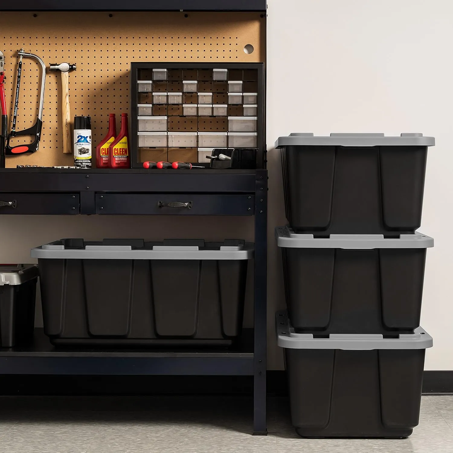 IRIS USA 27 Gallon Heavy Duty Truck Bed Toolbox Storage Tote Bins with Lids, 4 Pack - Made in USA, Tough Snap On Lid Stackable Industrial Rugged Tubs, Garage Organization, Reusable Box - Gray
